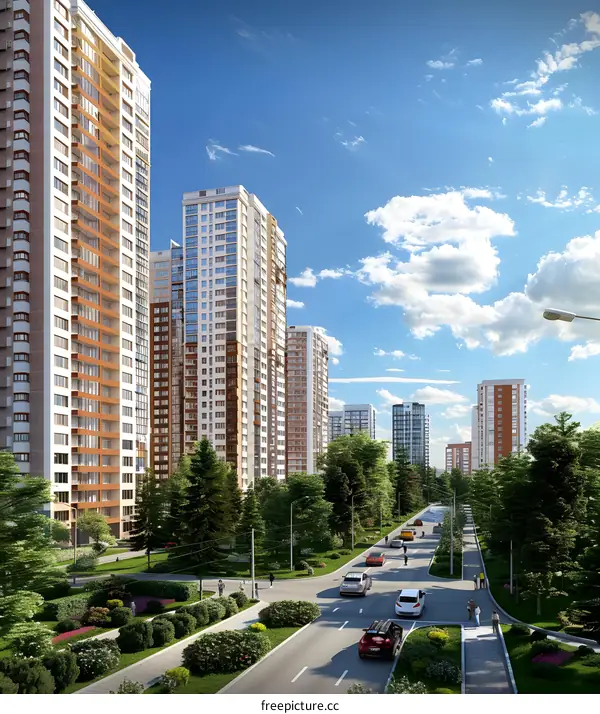 Modern Cityscape with Residential Buildings and Green Trees