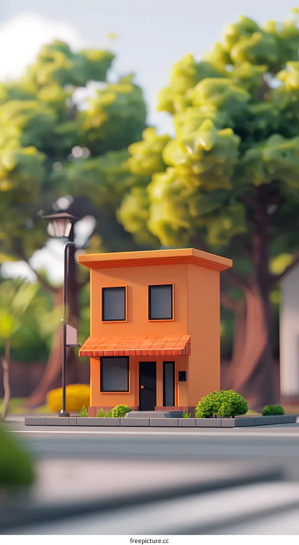 A small orange house with a red awning