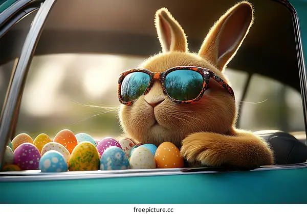 Cute Easter Bunny in Sunglasses in a Car