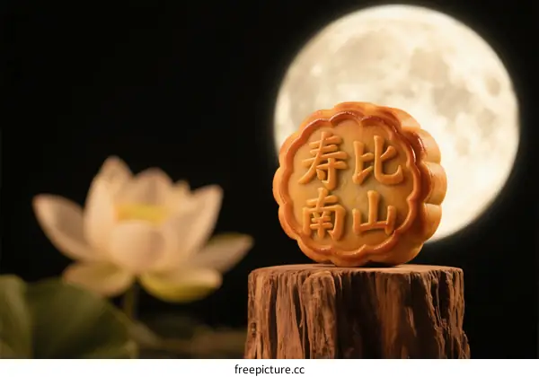 Mooncake with Chinese characters on it under a full moon