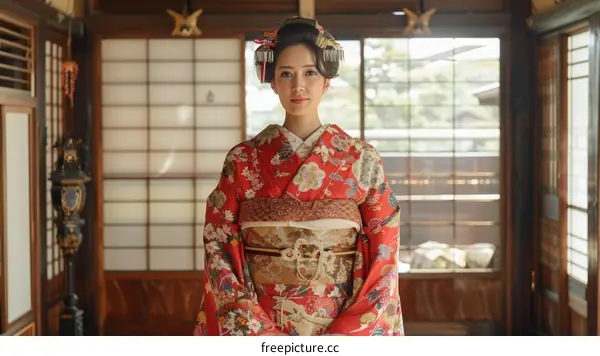 Portrait of a Japanese woman wearing a kimono