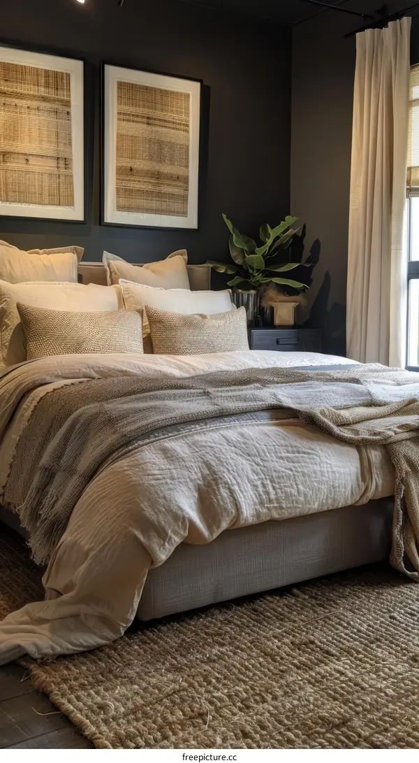 A bedroom with a dark blue wall, a light colored bed, and a brown patterned rug.