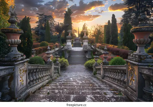 Stone Staircase Leading to a Garden at Sunset