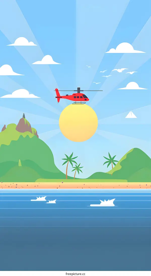 Helicopter Flying Above a Tropical Island