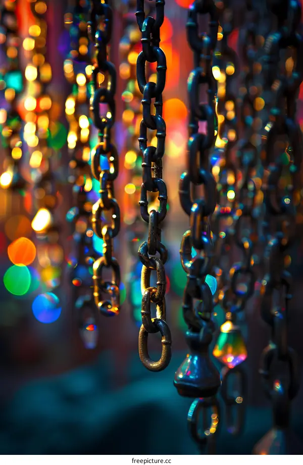 Black chains hanging from the ceiling with colorful lights in the background