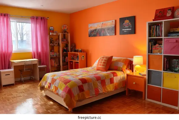 Colorful Childrens Bedroom with Orange and Pink Decor