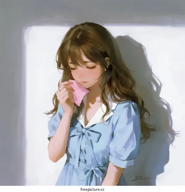 A Young Woman in Blue Dress Leaning Against White Wall