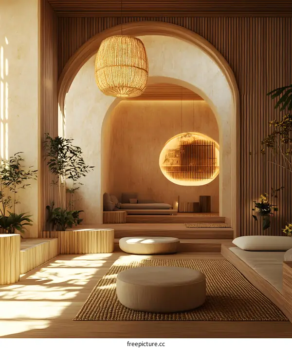 Minimalist Modern Zen Interior Design With Wooden Walls And Arched Doorways