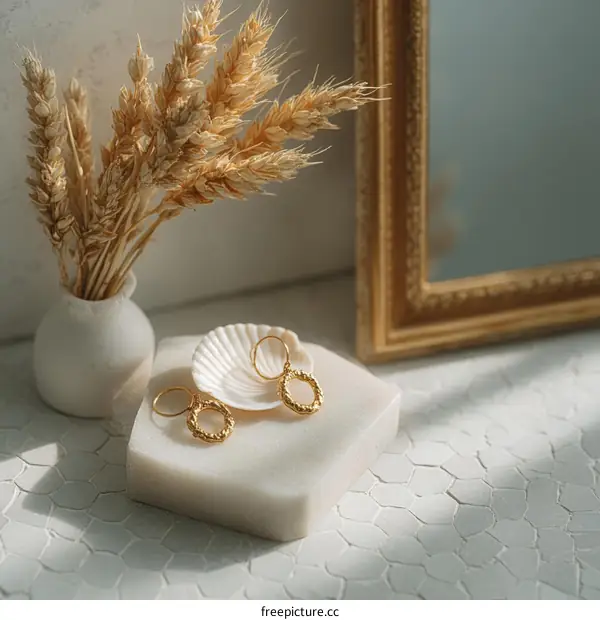 Elegant Gold Earrings on White Marble Tray with Wheat Ears