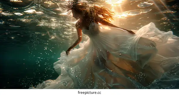 An ethereal underwater photoshoot of a woman wearing a wedding dress