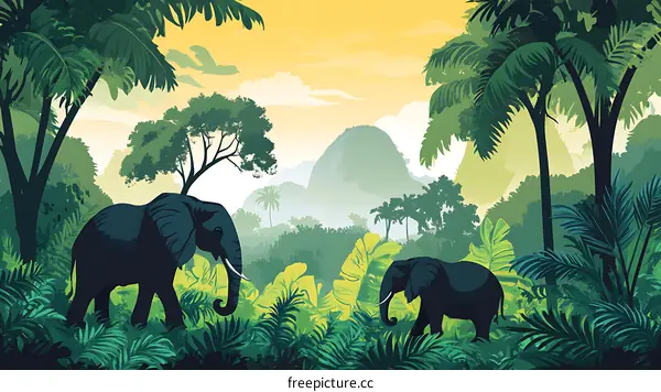 Two Elephants in Tropical Jungle Landscape