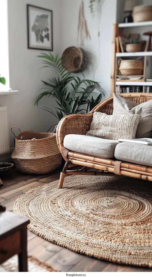 Cozy Living Room with Wicker Chair, Jute Rug, and Plants