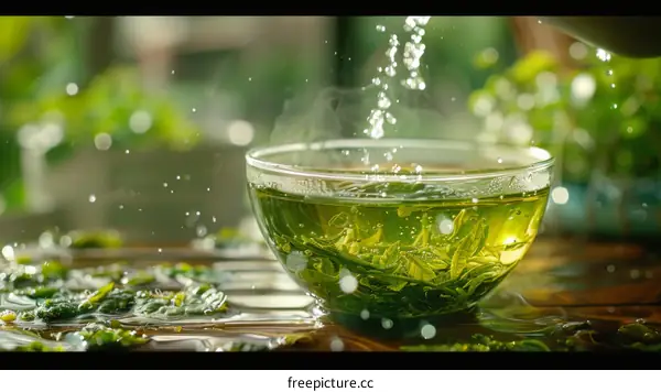 Green tea leaves in a glass cup with water being poured in