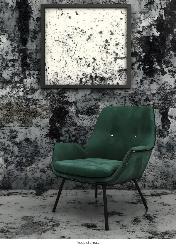 Green Velvet Chair With Black Metal Frame In Front Of Concrete Wall With Picture Frame
