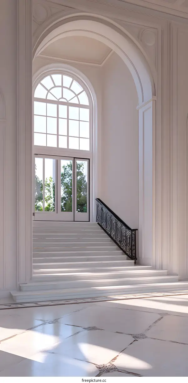 White Marble Stairs and Archway with Large Windows