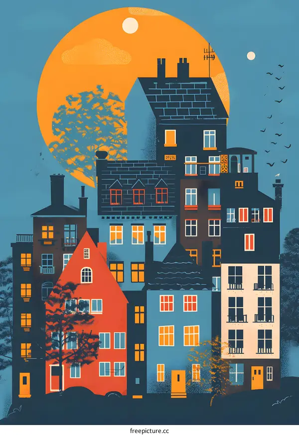 Colorful Illustration of Houses in a Small Town with a Large Orange Sun