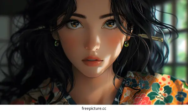 An Asian woman with long black hair and brown eyes is looking at the camera. She is wearing a colorful kimono.