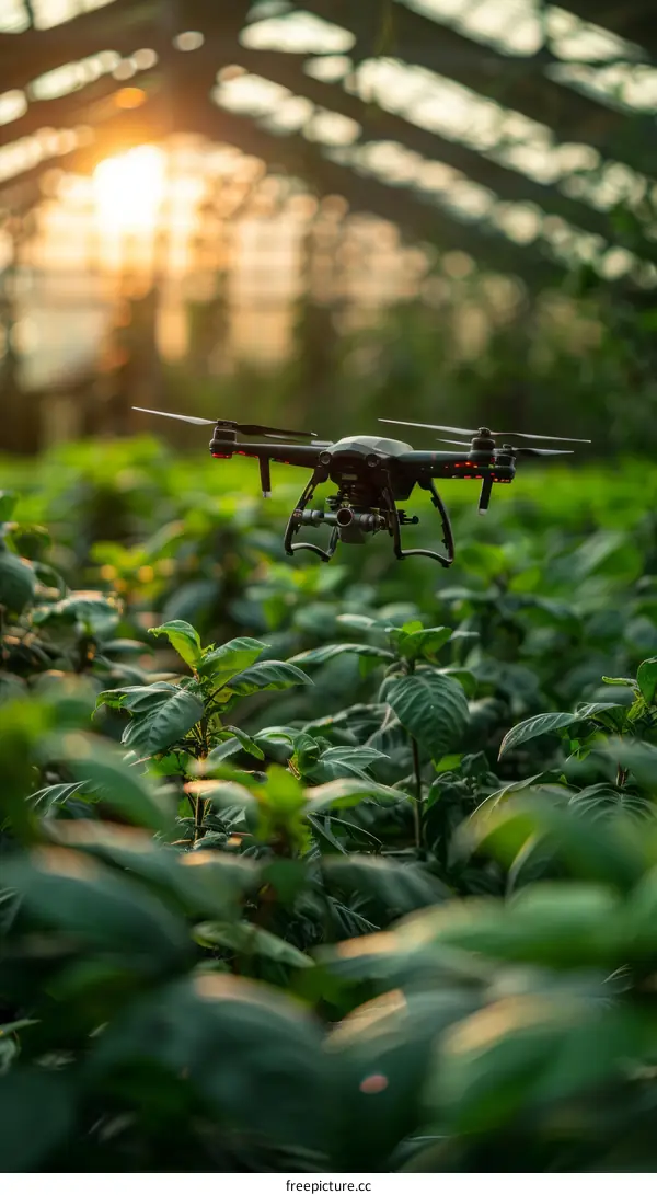 Small black drone flying low above green leafy plants in a greenhouse