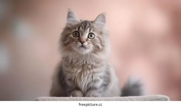 A cute kitten with wide eyes is sitting on a burlap cloth