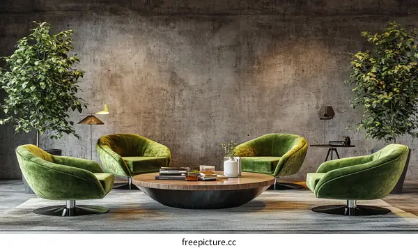 Modern Green Velvet Armchairs in a Concrete Room