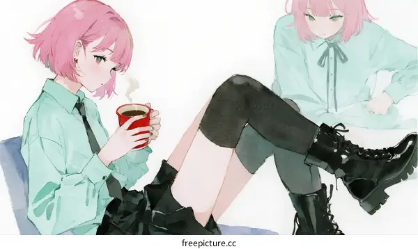 Pink Haired Girl Wearing Green Shirt and Black Boots