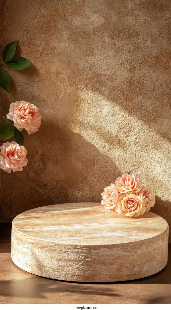 Beige Wooden Round Display Stand with Pink Flowers
