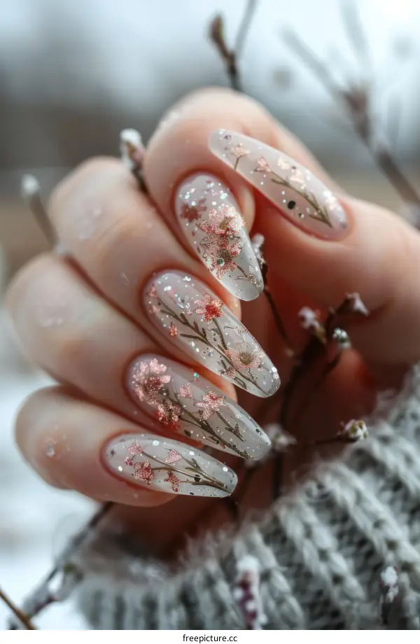 Dried flowers encased in long almond shaped nails with glitter