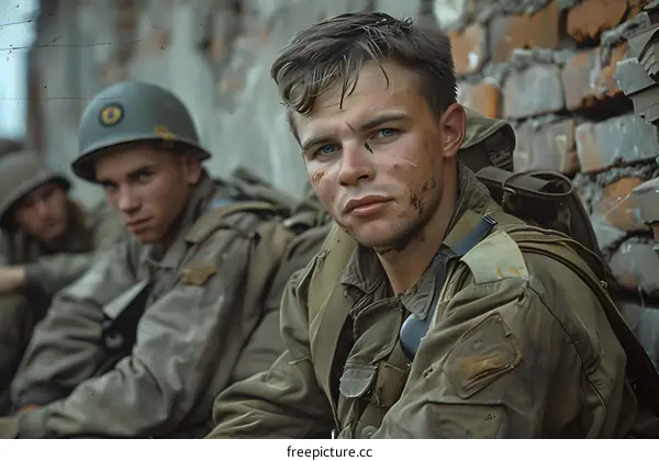 A soldier looks into the camera while two other soldiers stand in the background