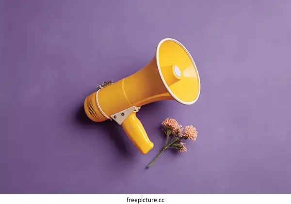 Yellow Megaphone on a Purple Background with Flowers