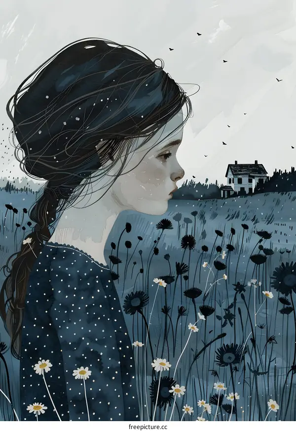 girl in the field looking at a house