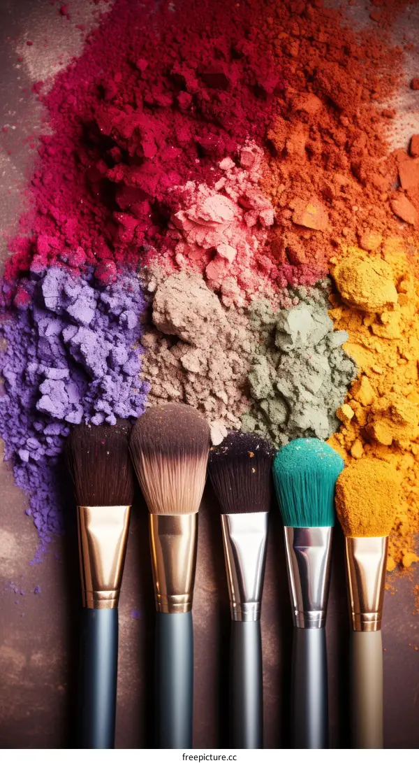 Colorful makeup powders and brushes