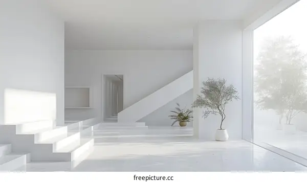 Bright and Airy Staircase and Hallway With Plants