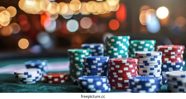 Stacks of casino chips with blurred background
