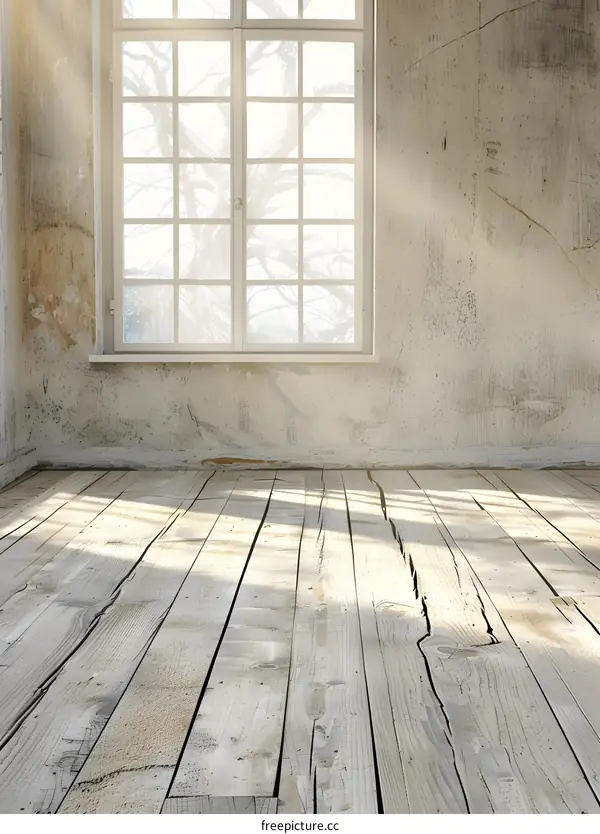 Sunlight Through Window In Empty Room With Wooden Floor