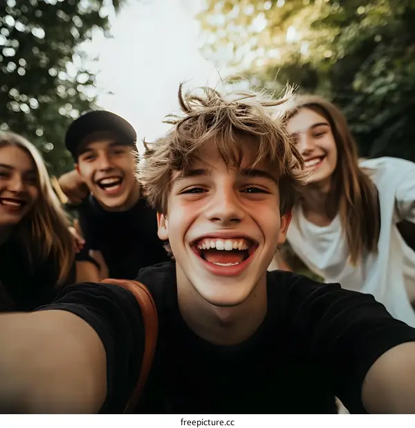 Group of Teenagers Smiling and Taking a Selfie in the Park