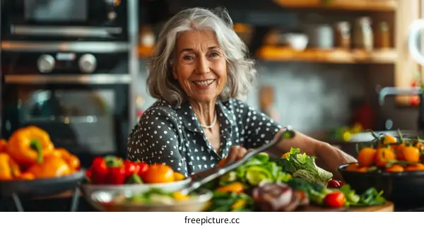 Portrait of a happy senior woman cooking in the kitchen