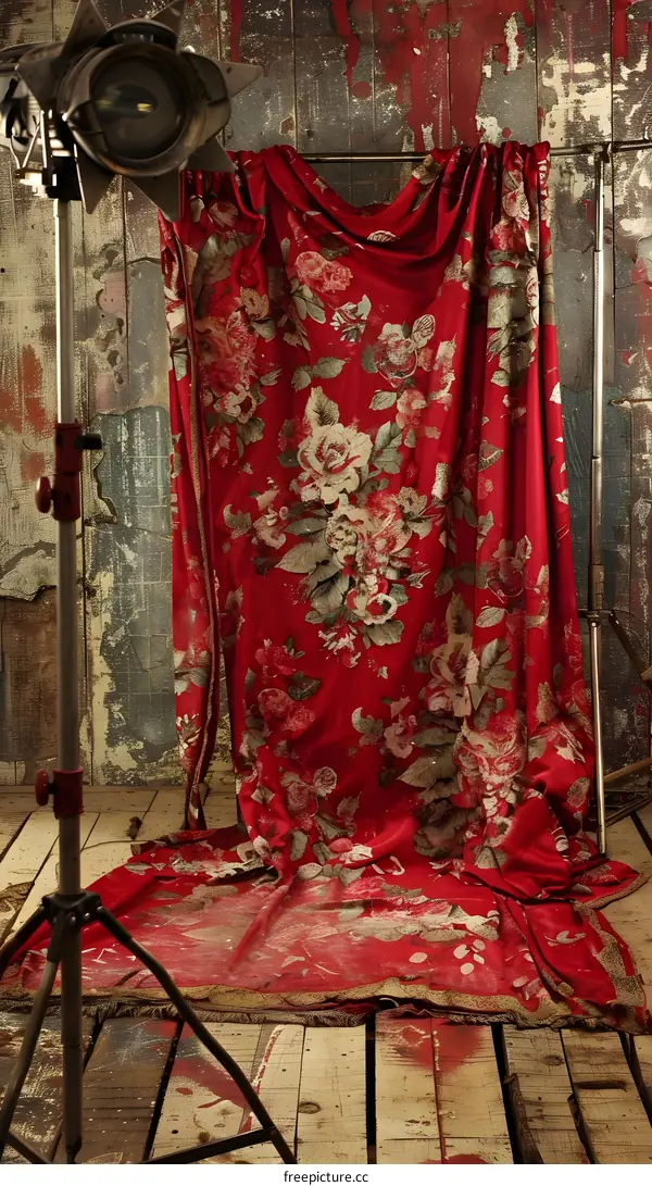 Red Floral Fabric Draped Over Wooden Background