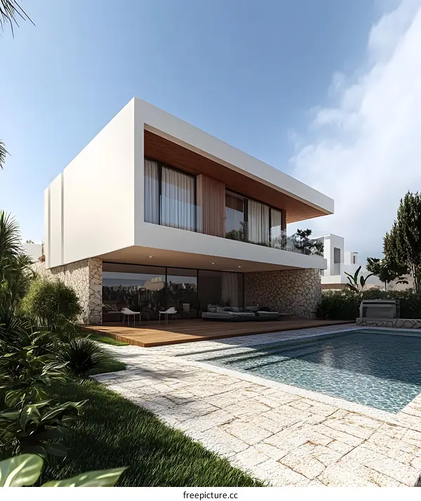 Modern White Villa with Swimming Pool and Lush Greenery