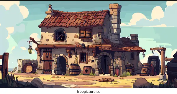 Old Stone Building With Red Tile Roof And Wooden Door