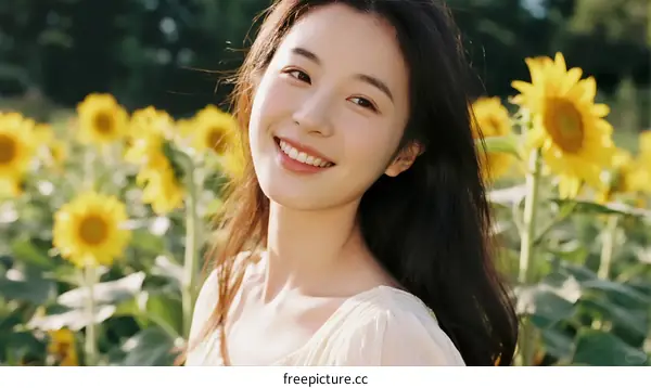 A Young Woman Standing in a Vibrant Sunflower Field with Bright Smile