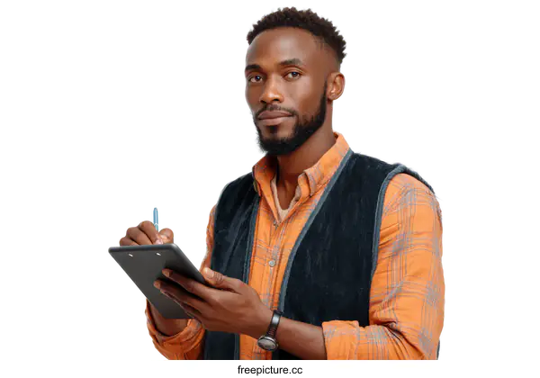 [Transparent Background PNG]African Man Taking Notes with Digital Tablet