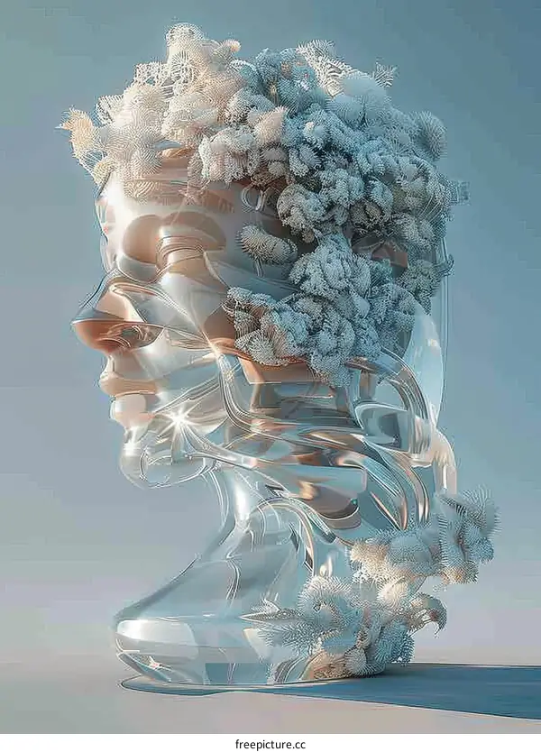 Surreal Glass Sculpture of a Woman's Head with White Coral