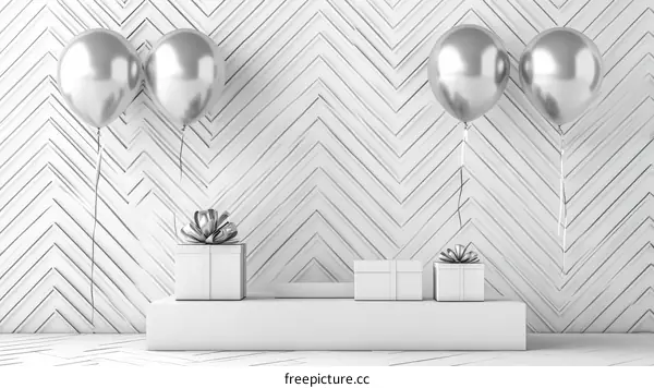Modern Minimalist Gift Giving Scene with Silver Balloons