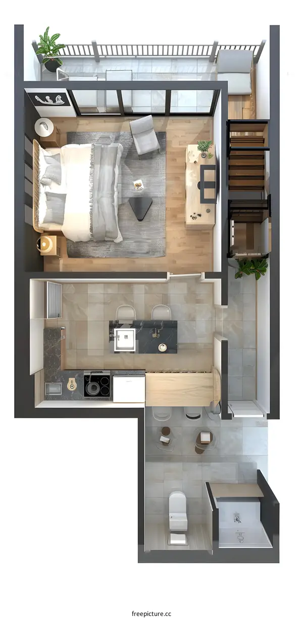 Modern Apartment Floor Plan with Kitchen, Bathroom, and Bedroom