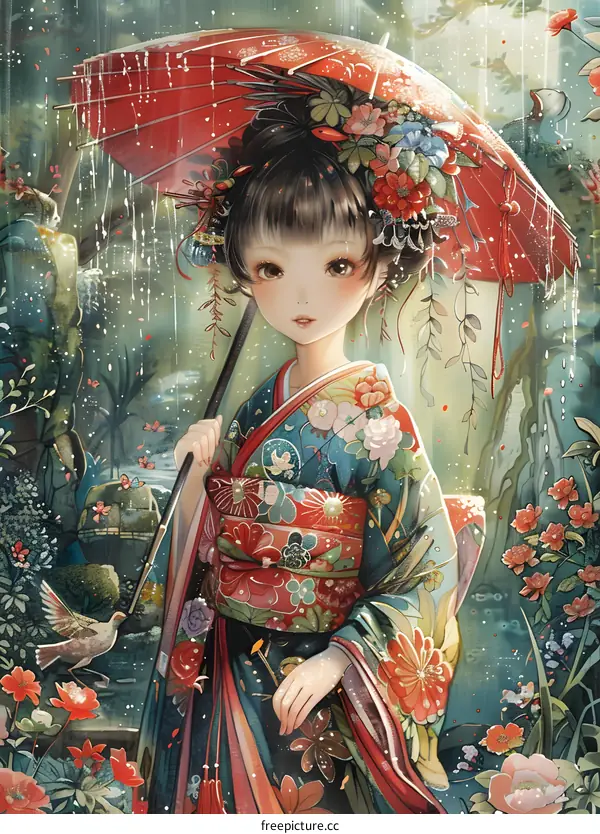 A girl in a kimono holding an umbrella in the rain