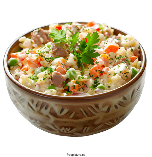 [Transparent Background PNG]Pasta salad with vegetables and meat in a bowl