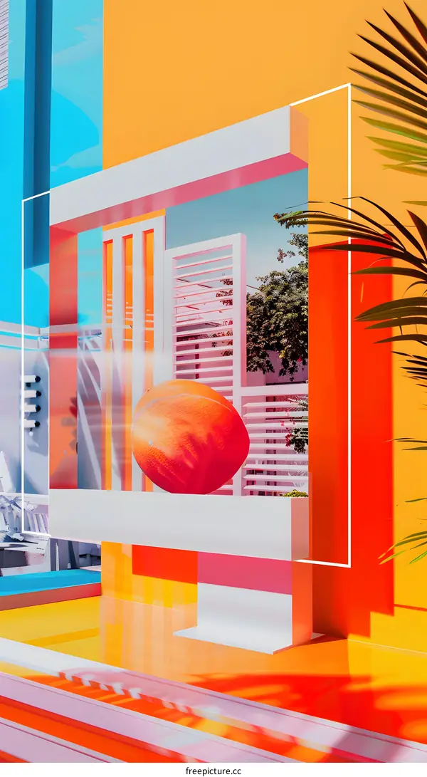 Orange Fruit in Abstract Geometric White Frame With Palm Leaves