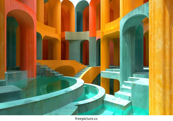 Abstract Architecture With Blue Water Pool and Orange Yellow Walls