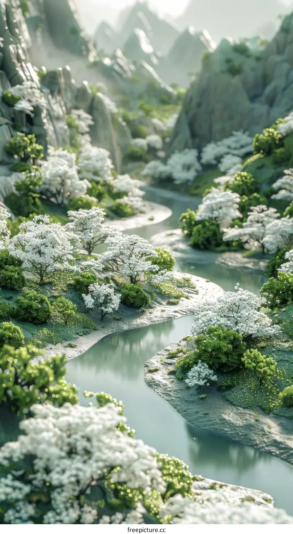 Tranquil Valley with River and White Flowers