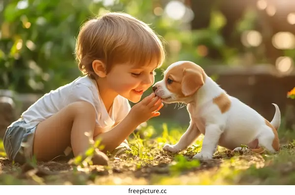 Little Girl and Puppy Playing in the Garden